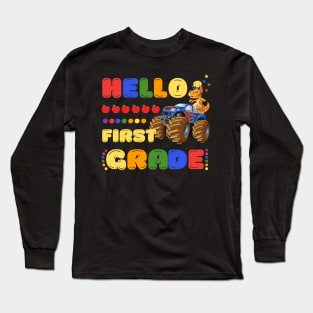 Hello First Grade, Funny Dinosaur Monster Truck Back To School Long Sleeve T-Shirt